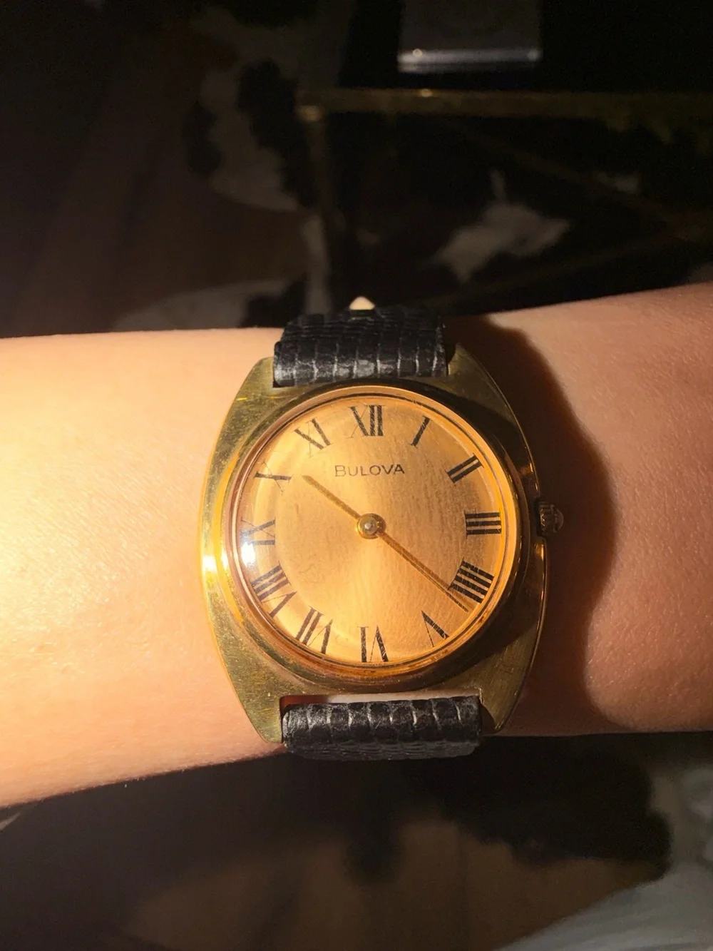 Bulova Gold Dial Dress Watch with Black Leather Strap